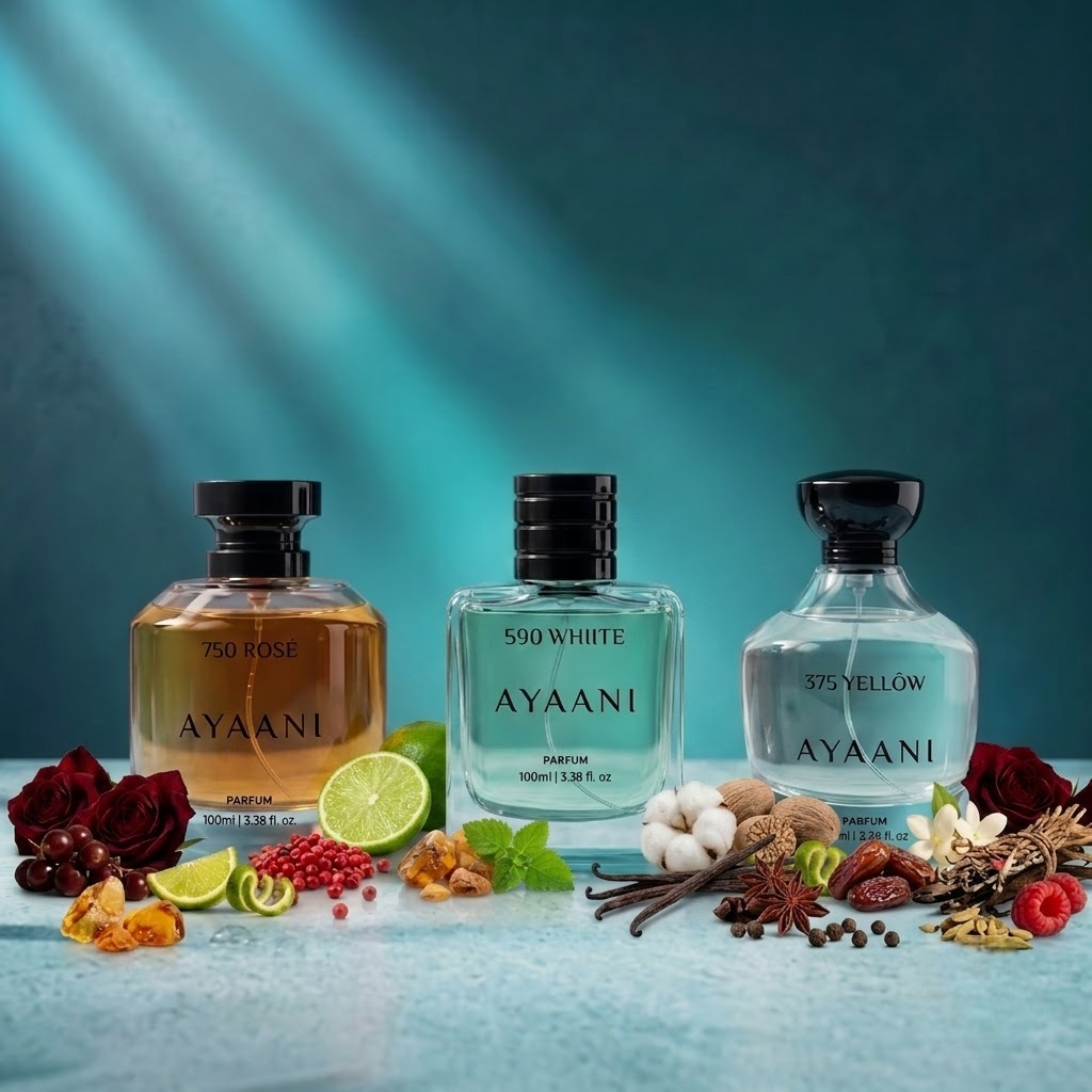 AYAANI Signature Trio – Pack of 3 375 Yellow, 590 White & 750 Rosé Luxury Parfum Gift Set for Men & Women | 3 x 100ml