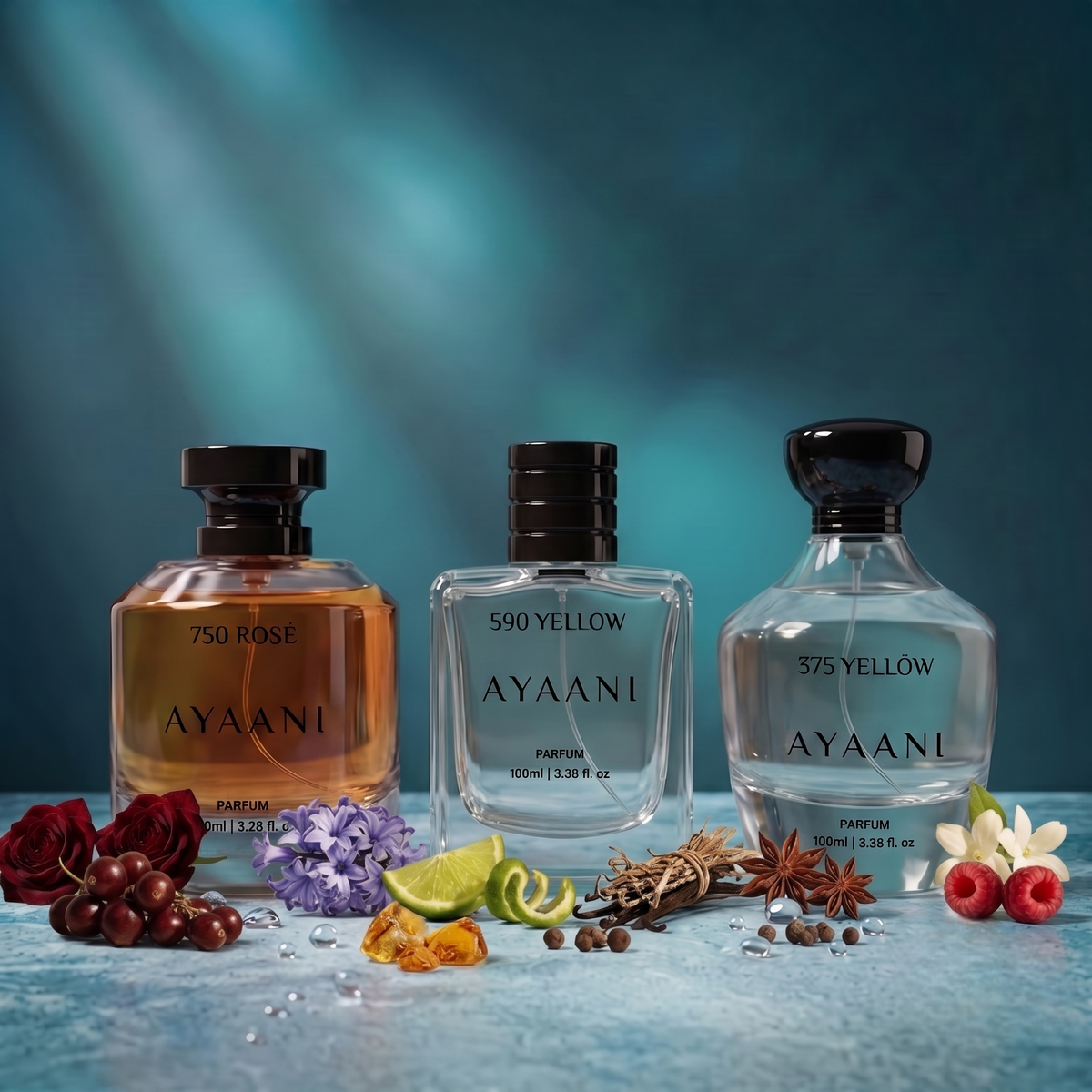 AYAANI Signature Trio – Pack of 3 590 Yellow, 375 Yellow & 750 Rosé Luxury Parfum Gift Set for Men & Women | 3 x 100ml