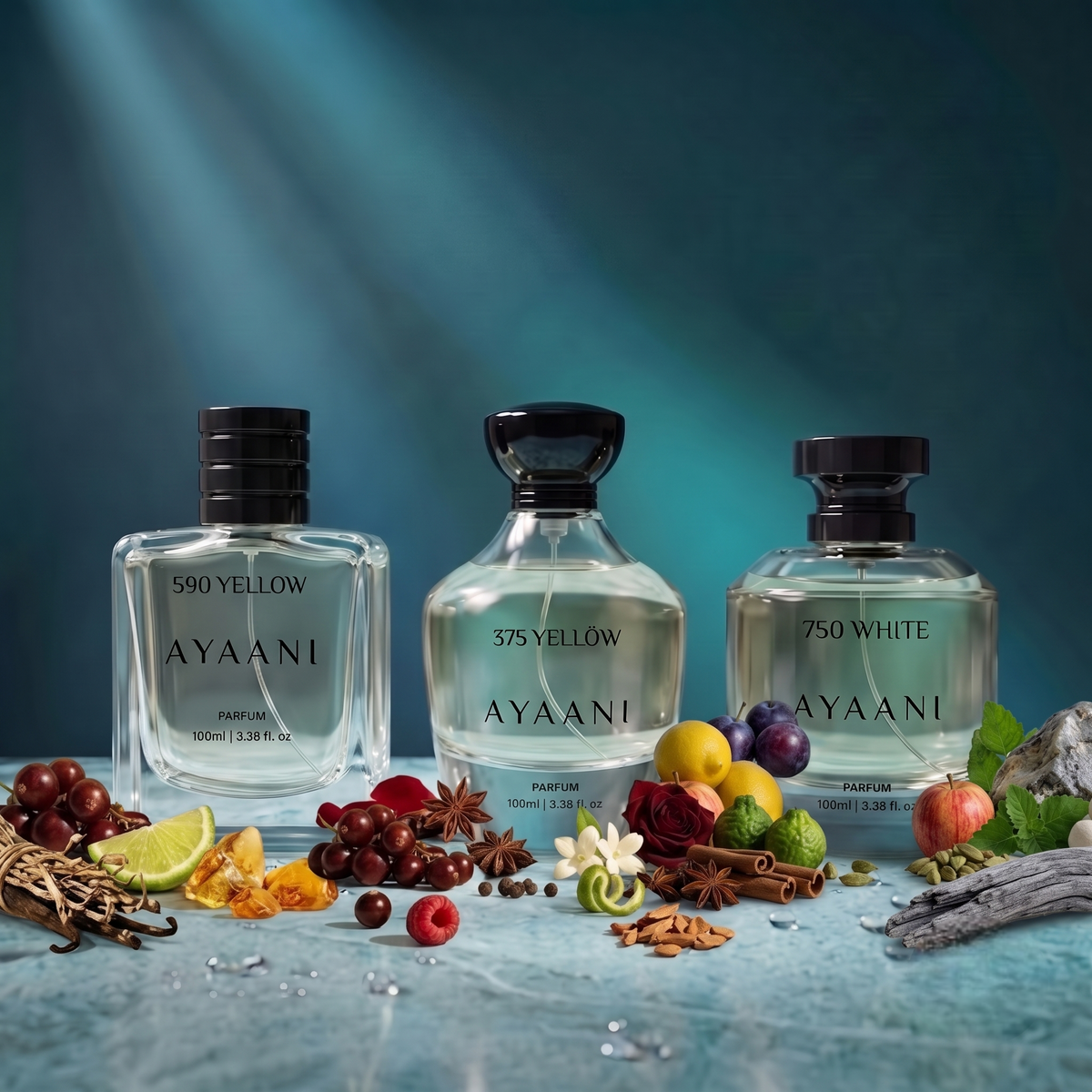 AYAANI Signature Trio – Pack of 3 590 Yellow, 375 Yellow & 750 White Luxury Parfum Gift Set for Men & Women | 3 x 100ml
