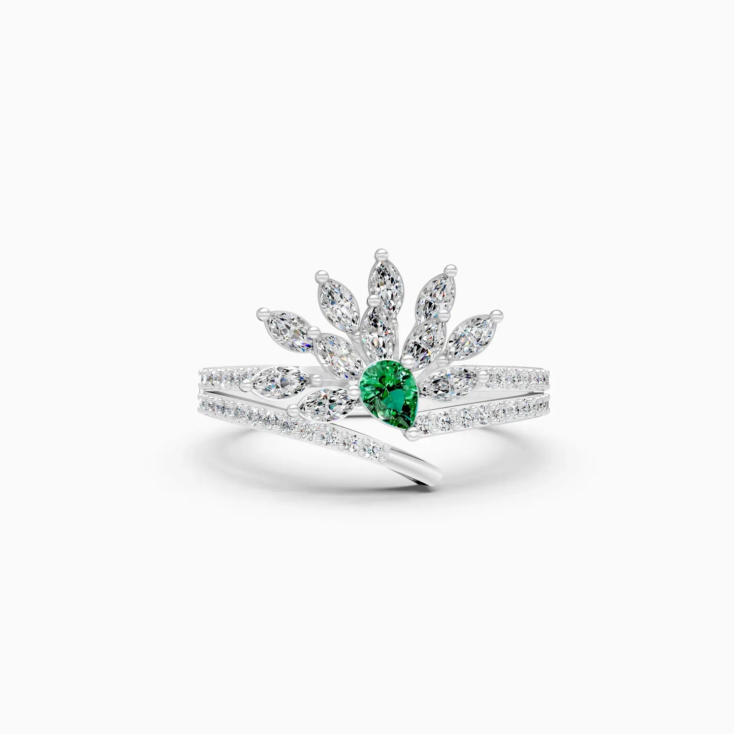 Stunning Diamond Floral With Green Stone Ring