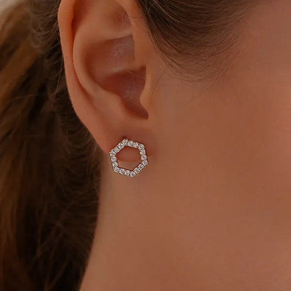 Open Hexagon Outline Diamond Stud Earrings