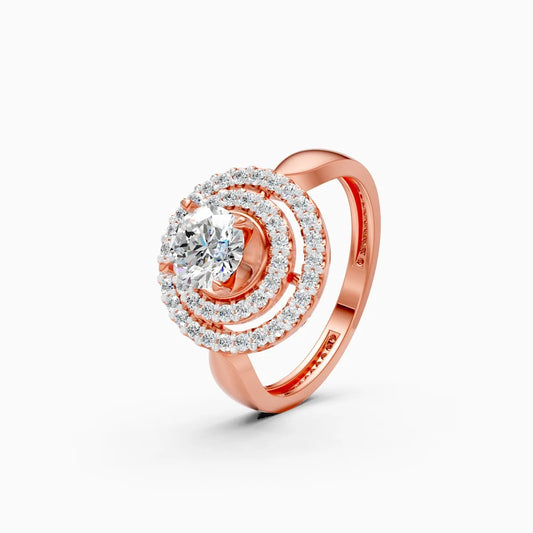 Round Crowned Eleganc Double Halo Round Solitaire Ring