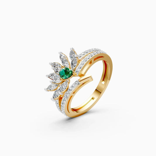 Stunning Diamond Floral With Green Stone Ring
