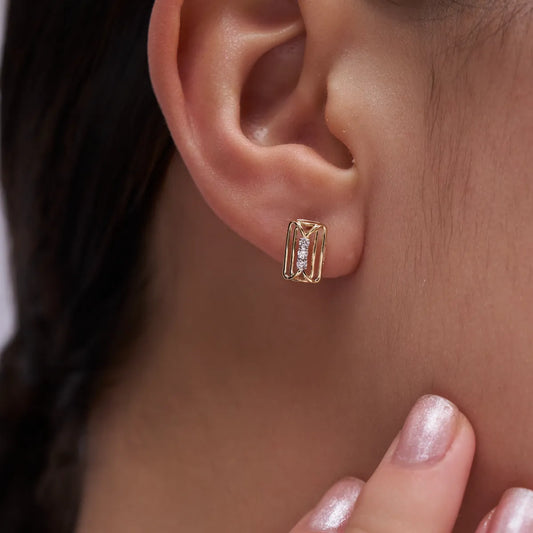 Woven Cage Rectangle Three-Stone Diamond Stud Earrings