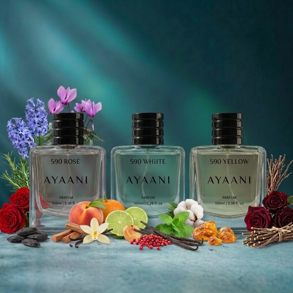 AYAANI 590 Discovery Trio – Pack of 3 Yellow, White & Rosé Luxury Parfum Gift Set for Men & Women | 3 x 100ml