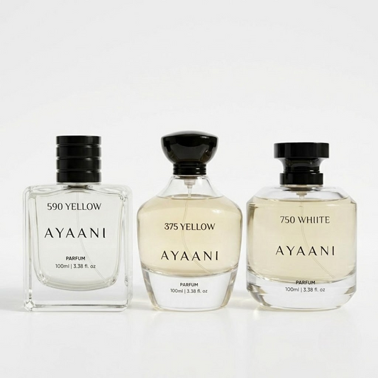 AYAANI Signature Trio – Pack of 3 590 Yellow, 375 Yellow & 750 White Luxury Parfum Gift Set for Men & Women | 3 x 100ml