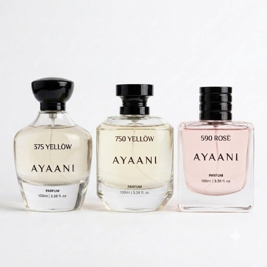AYAANI Signature Trio – Pack of 3 375 Yellow, 750 Yellow & 590 Rosé Luxury Parfum Gift Set for Men & Women | 3 x 100ml