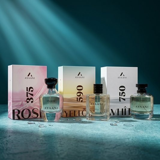 AYAANI Signature Trio – Pack of 3 590 Yellow, 750 White & 375 Rosé Luxury Parfum Gift Set for Men & Women | 3 x 100ml