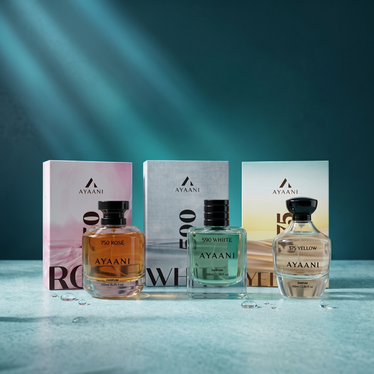 AYAANI Signature Trio – Pack of 3 375 Yellow, 590 White & 750 Rosé Luxury Parfum Gift Set for Men & Women | 3 x 100ml