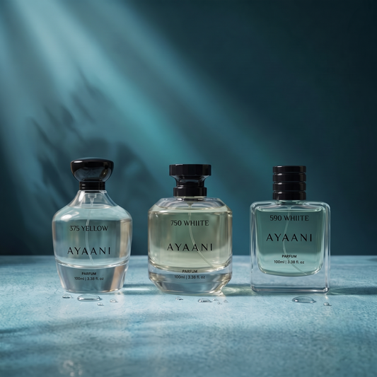 AYAANI Signature Trio – Pack of 3 375 Yellow, 750 White & 590 White Luxury Parfum Gift Set for Men & Women | 3 x 100ml