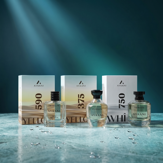 AYAANI Signature Trio – Pack of 3 590 Yellow, 375 Yellow & 750 White Luxury Parfum Gift Set for Men & Women | 3 x 100ml
