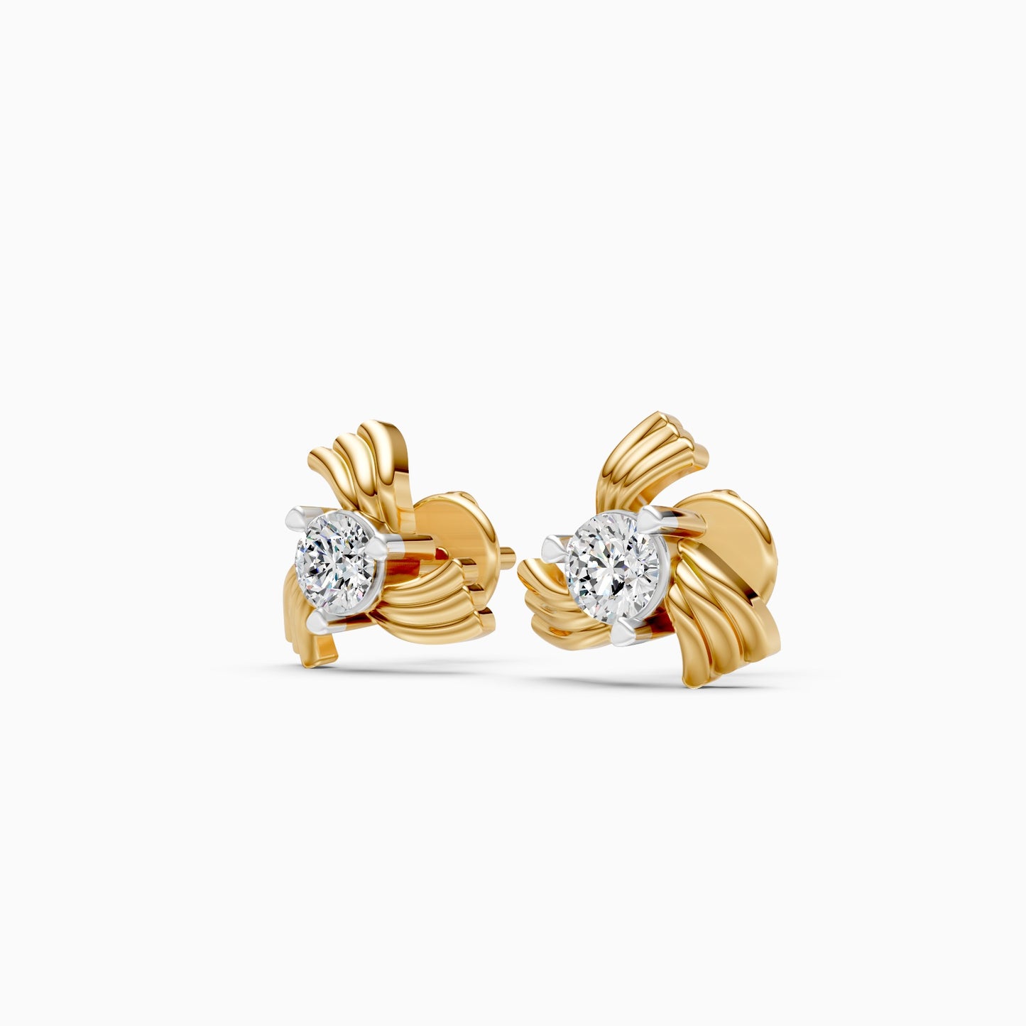 Ribbed Swirl Wing Solitaire Diamond Stud Earrings