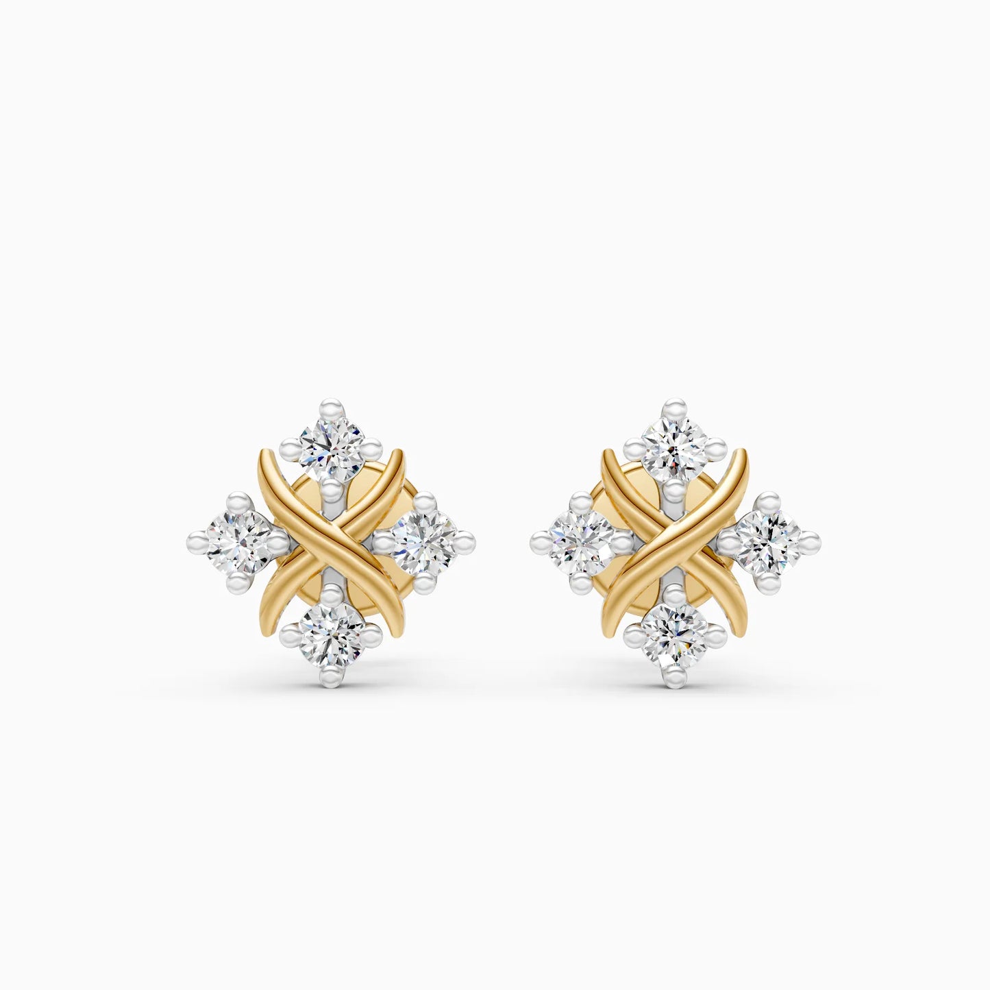 Four Stone Diamond Stud Earrings with Crossover Gold Centre