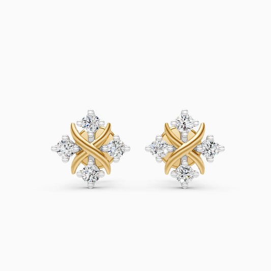 Four Stone Diamond Stud Earrings with Crossover Gold Centre
