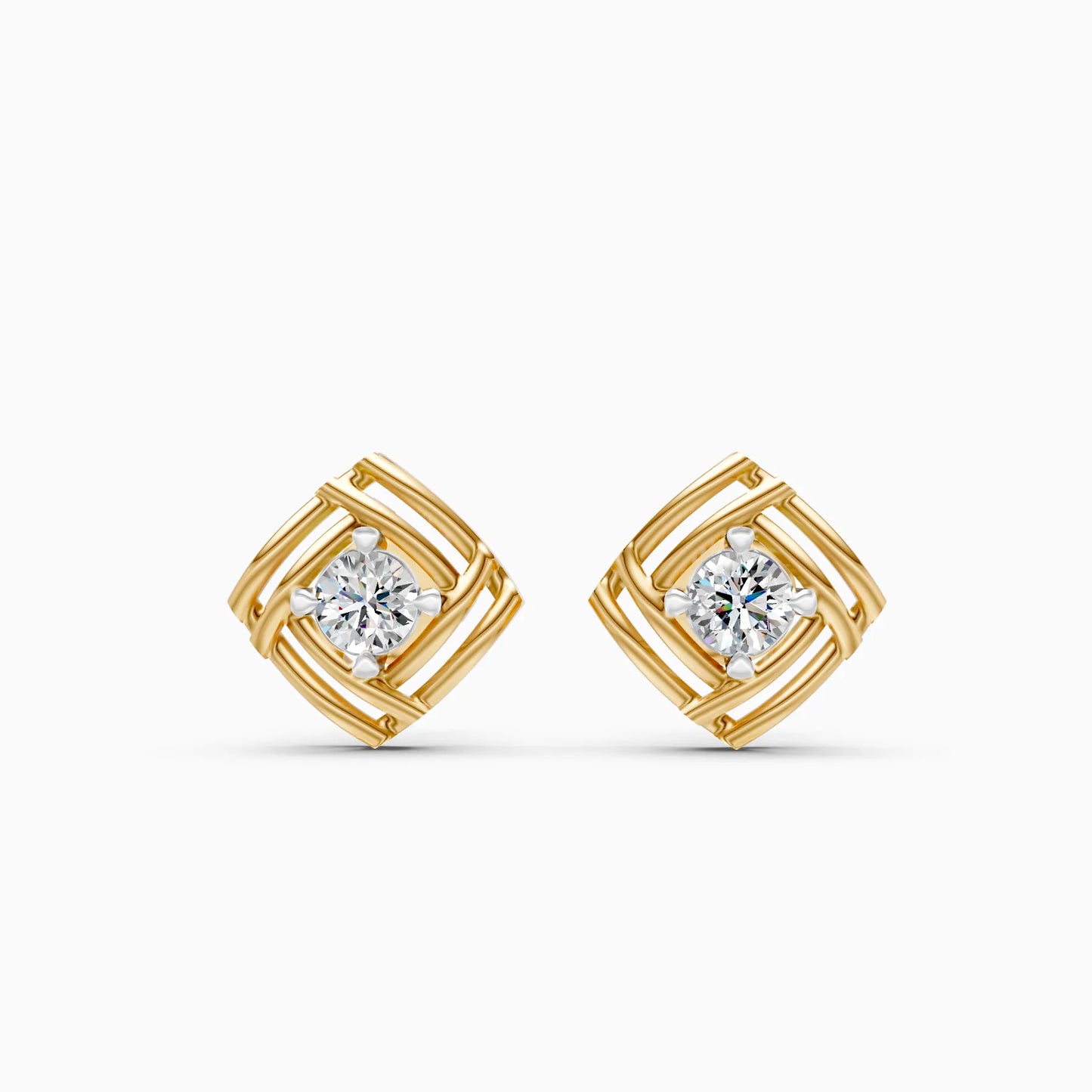 Lattice Square Frame Solitaire Diamond Stud Earrings