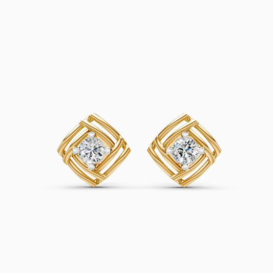 Lattice Square Frame Solitaire Diamond Stud Earrings