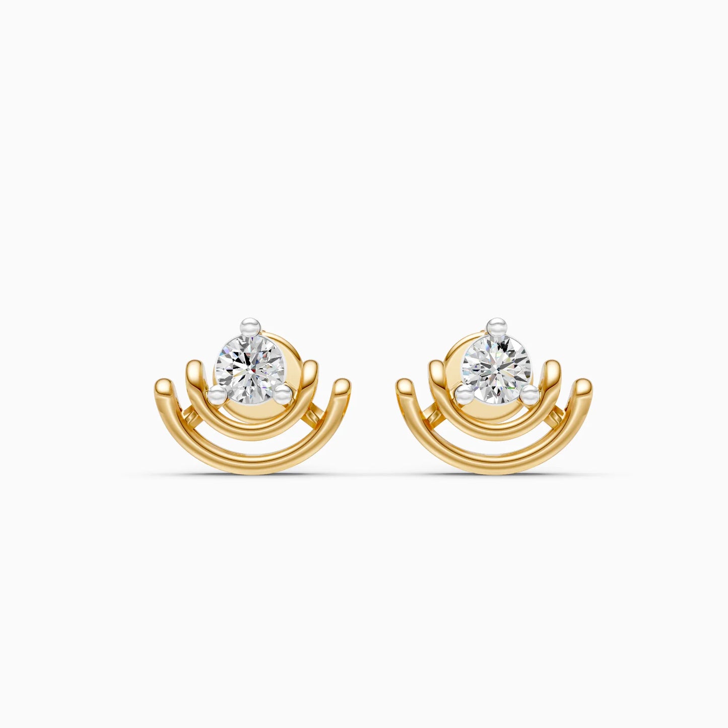 Layered Arc Fan Solitaire Diamond Stud Earrings