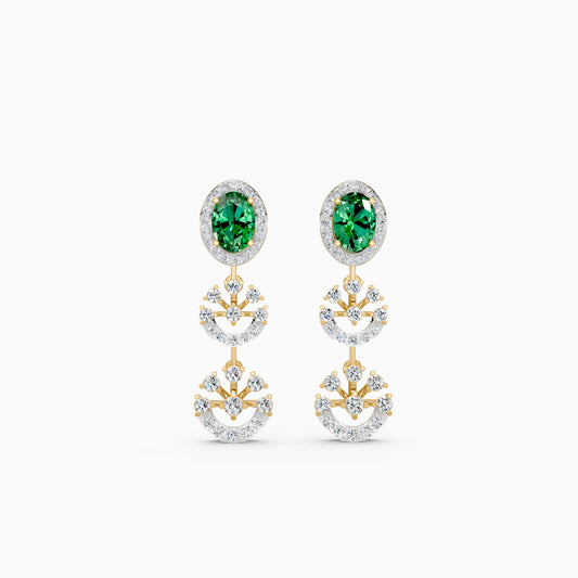 Crescent Burst Diamond Drop Earrings with Oval Green Stone Halo