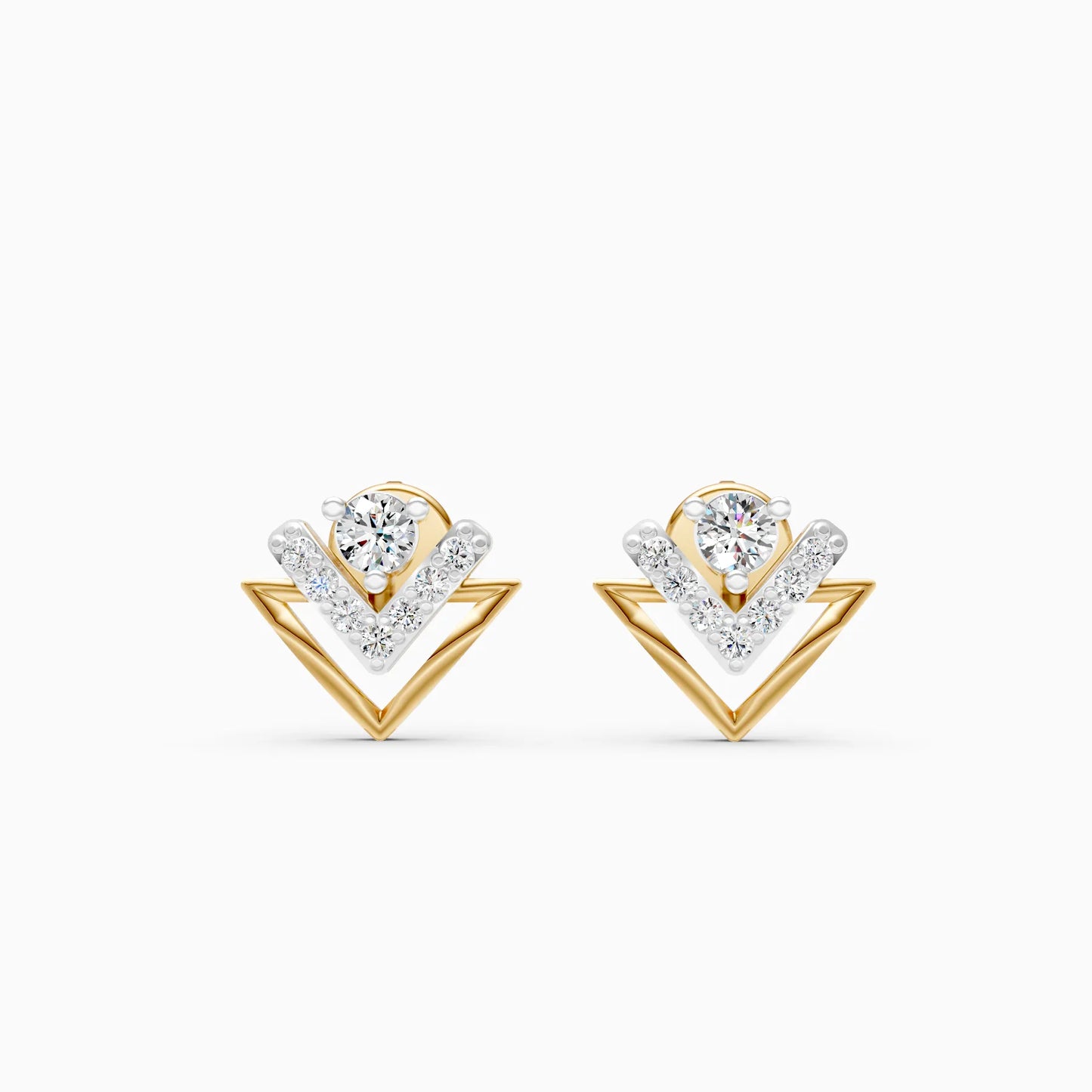Double Chevron Pavé and Solitaire Diamond Stud Earrings