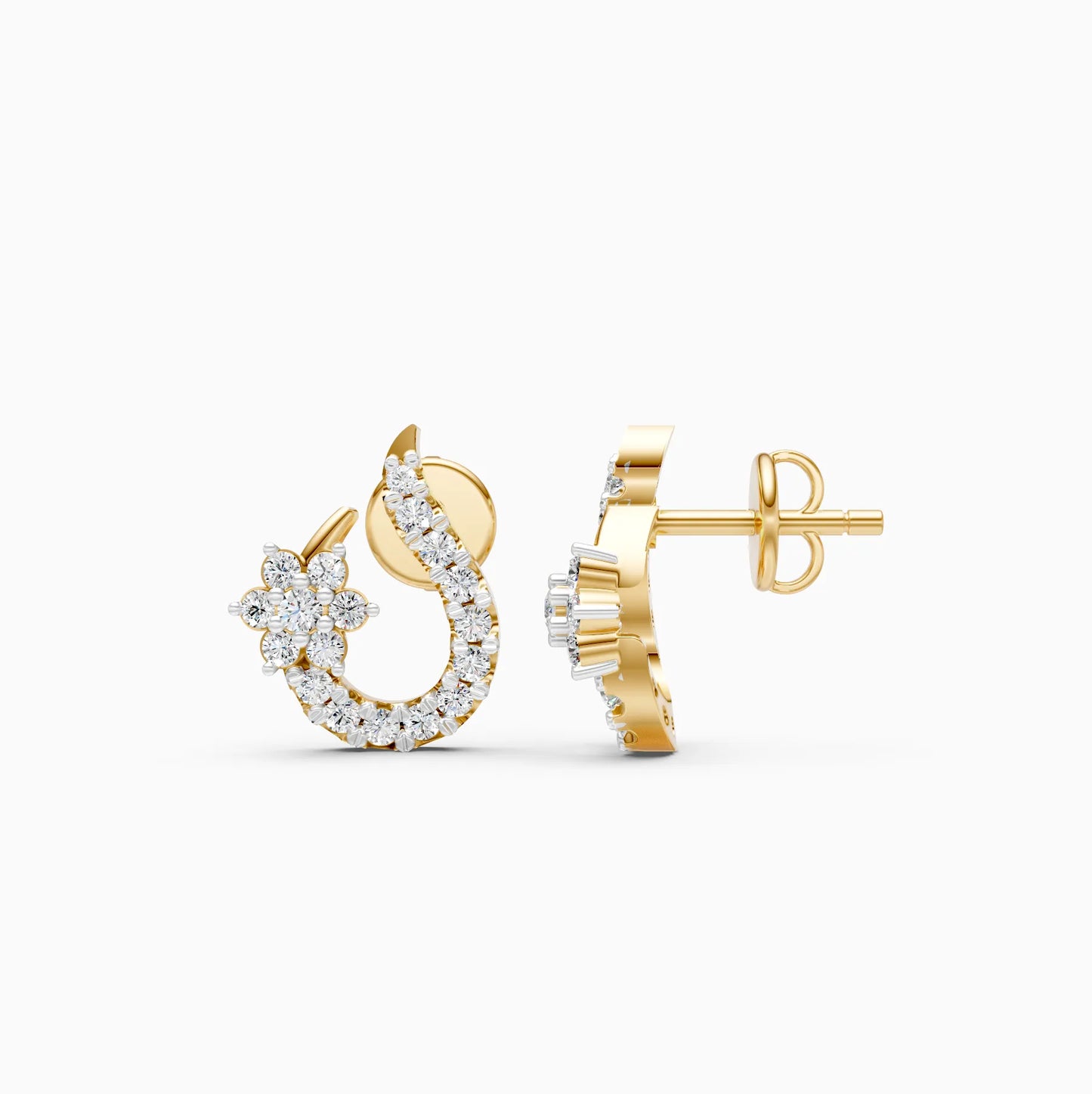 Swirl Curl Floral Diamond Stud Earrings