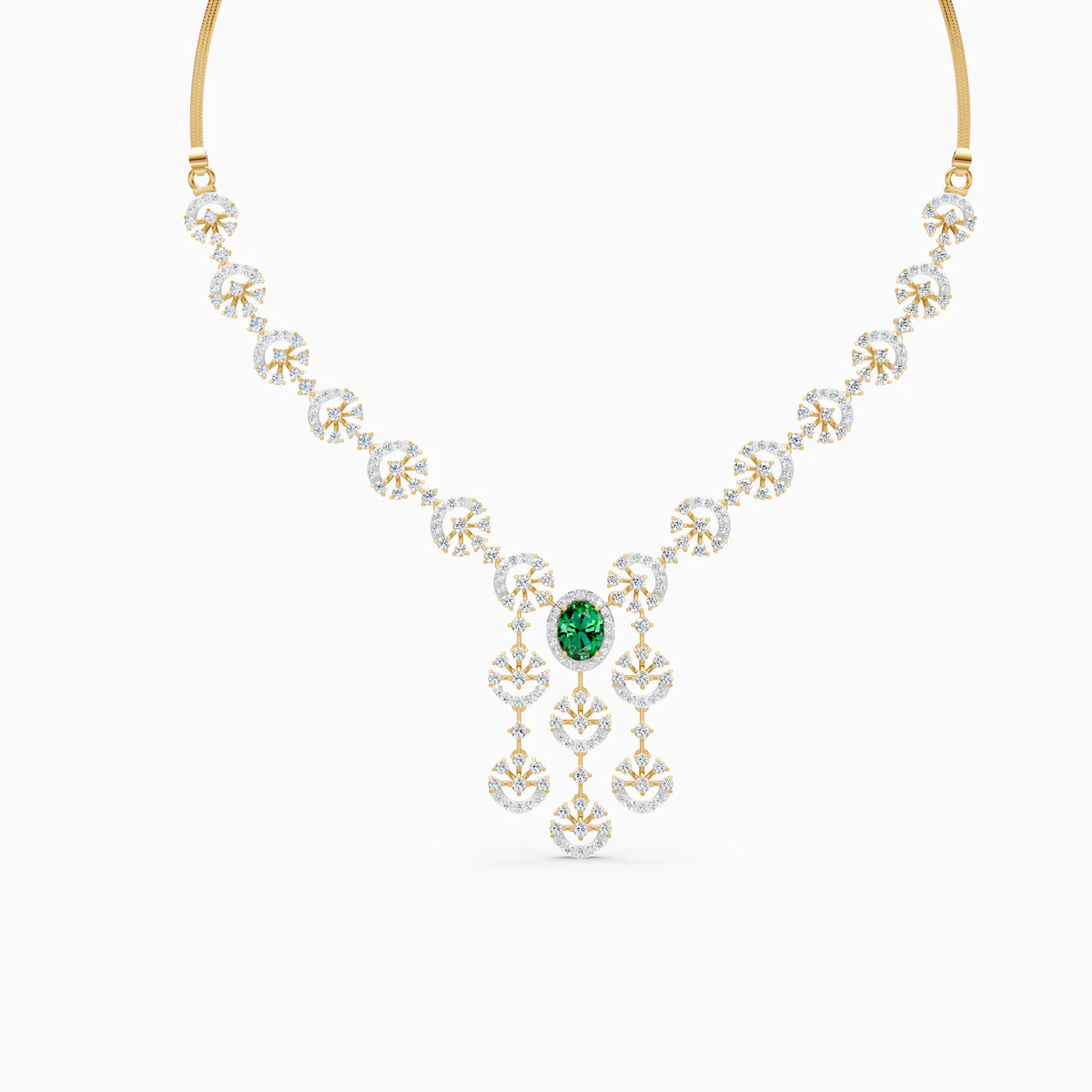 Crescent Burst Diamond Necklace with Oval Green Centre Stone