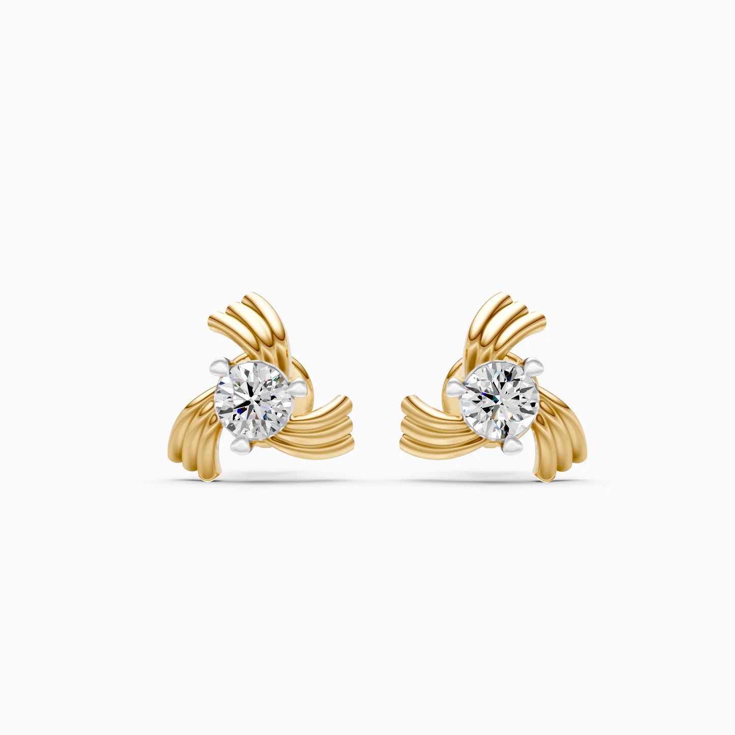Ribbed Swirl Wing Solitaire Diamond Stud Earrings