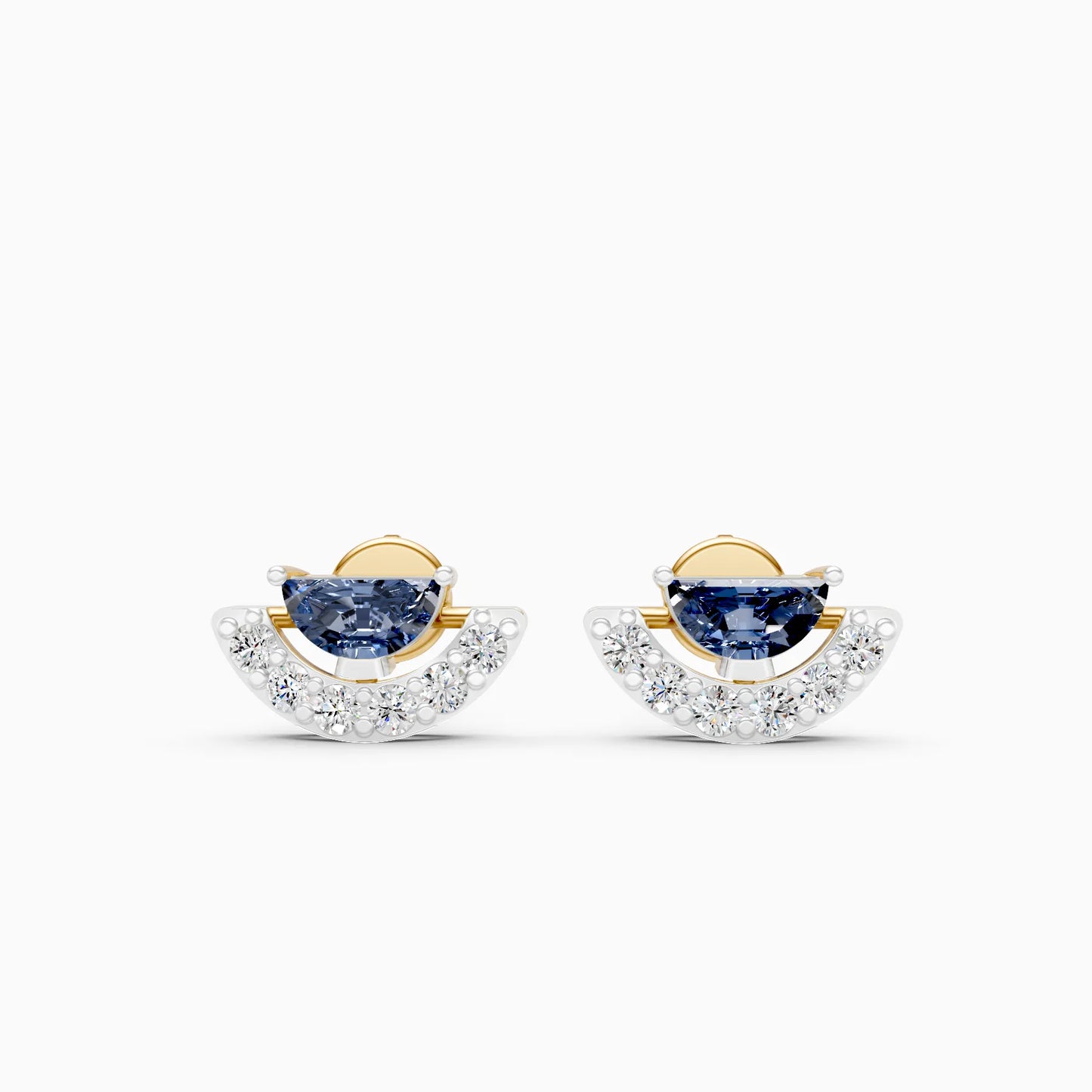Half-Moon Blue Stone and Diamond Pavé Fan Stud Earrings