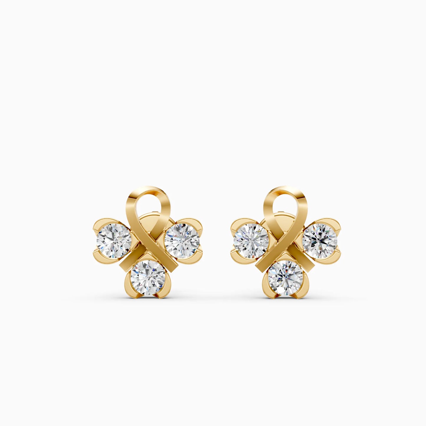 Three Diamond Stud Earrings with Gold Ribbon Knot