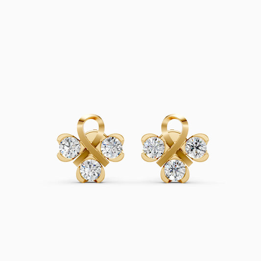 Three Diamond Stud Earrings with Gold Ribbon Knot