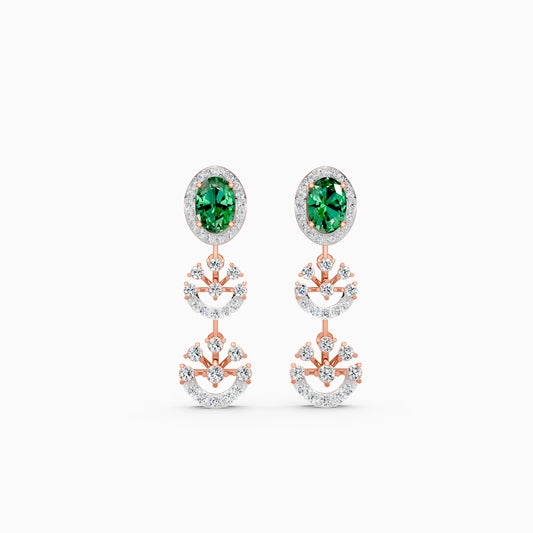 Crescent Burst Diamond Drop Earrings with Oval Green Stone Halo
