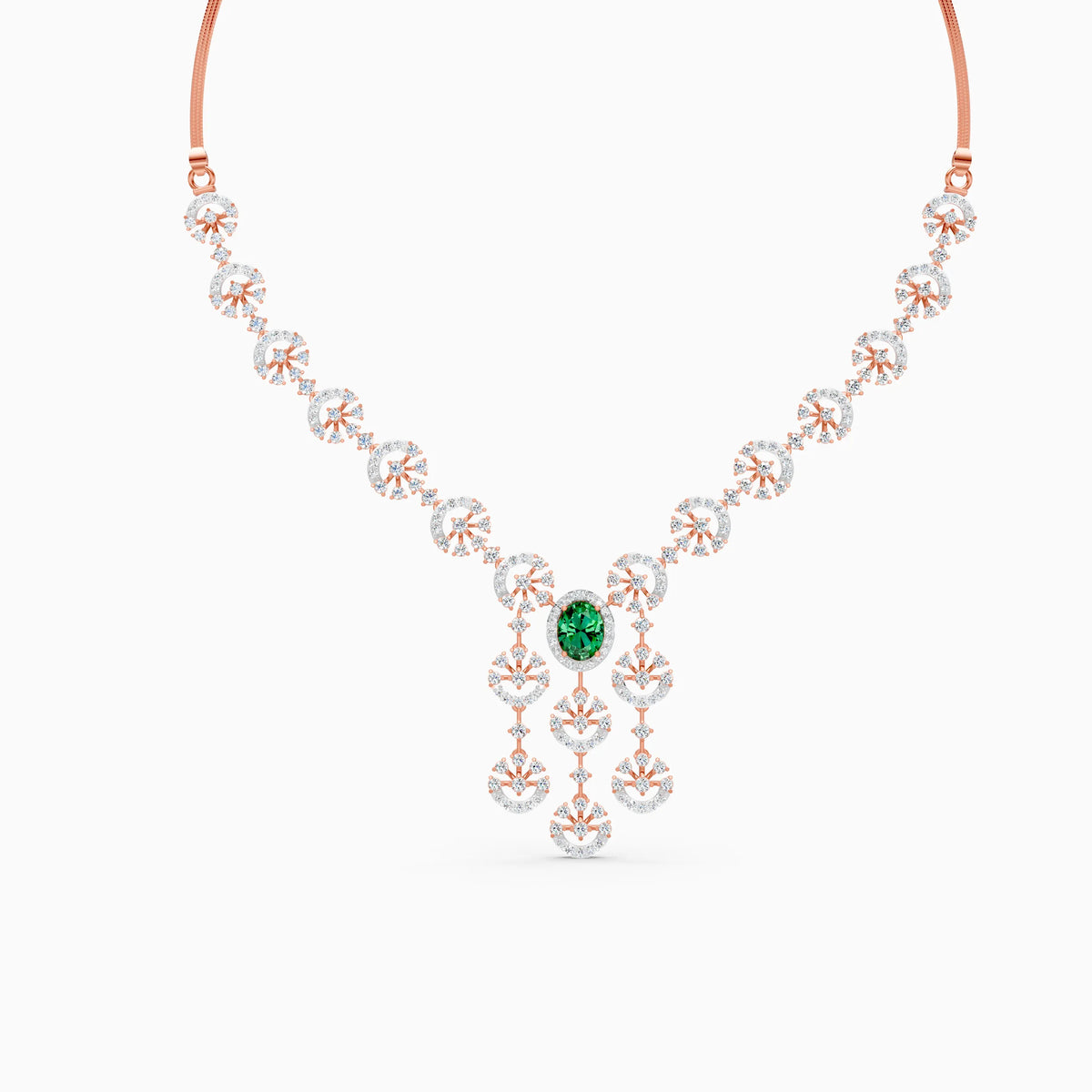 Crescent Burst Diamond Necklace with Oval Green Centre Stone