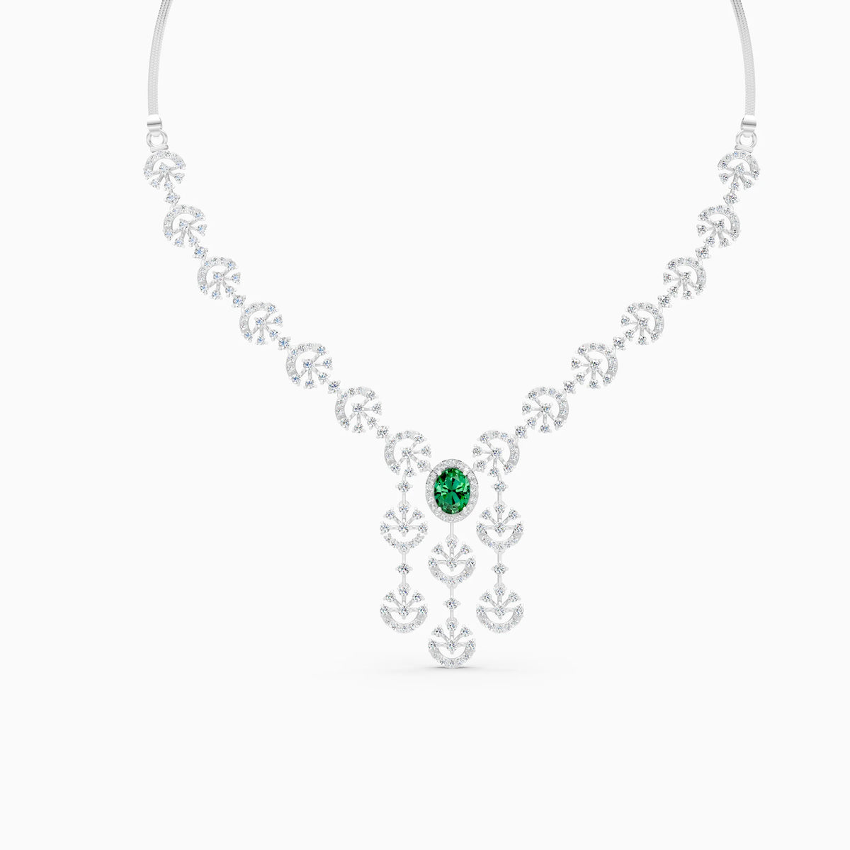 Crescent Burst Diamond Necklace with Oval Green Centre Stone