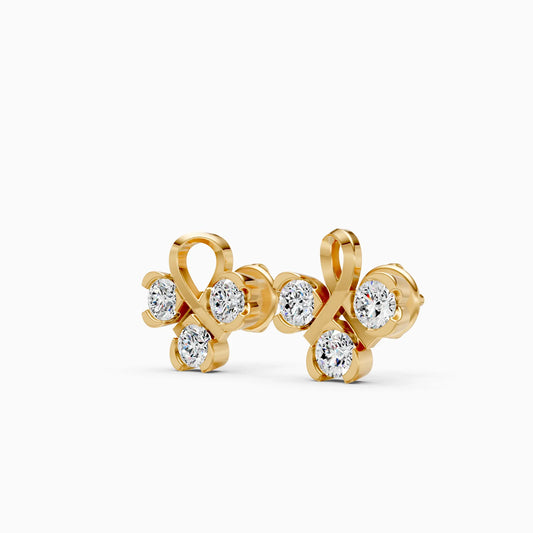 Three Diamond Stud Earrings with Gold Ribbon Knot