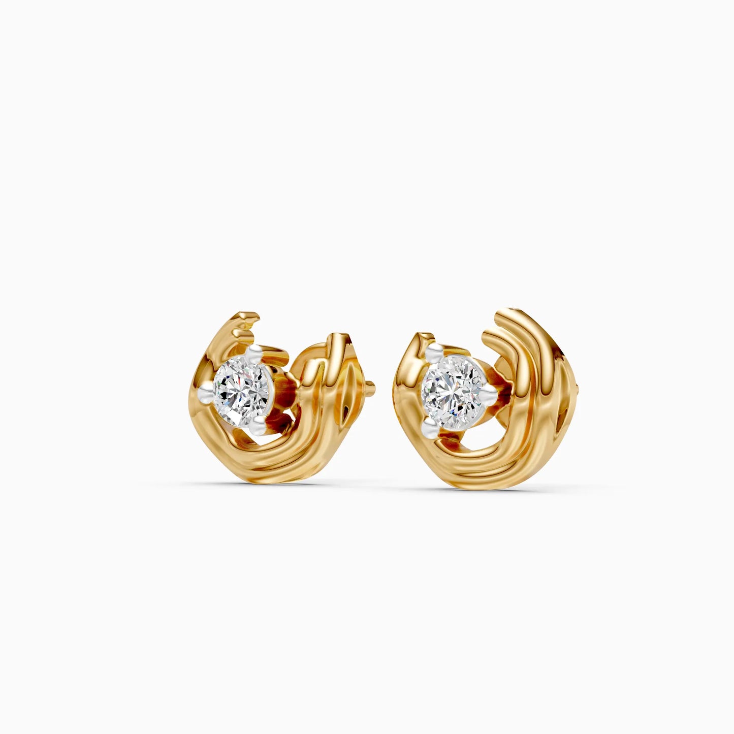 Ribbed Spiral Solitaire Diamond Stud Earrings