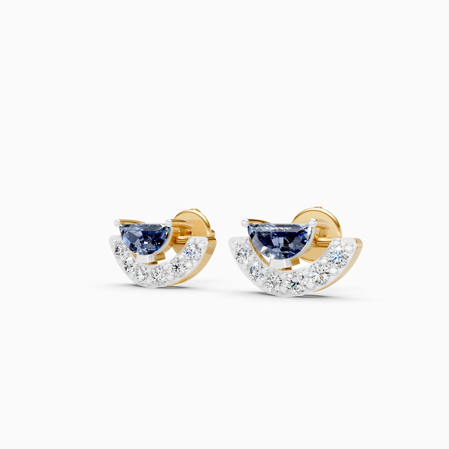 Half-Moon Blue Stone and Diamond Pavé Fan Stud Earrings