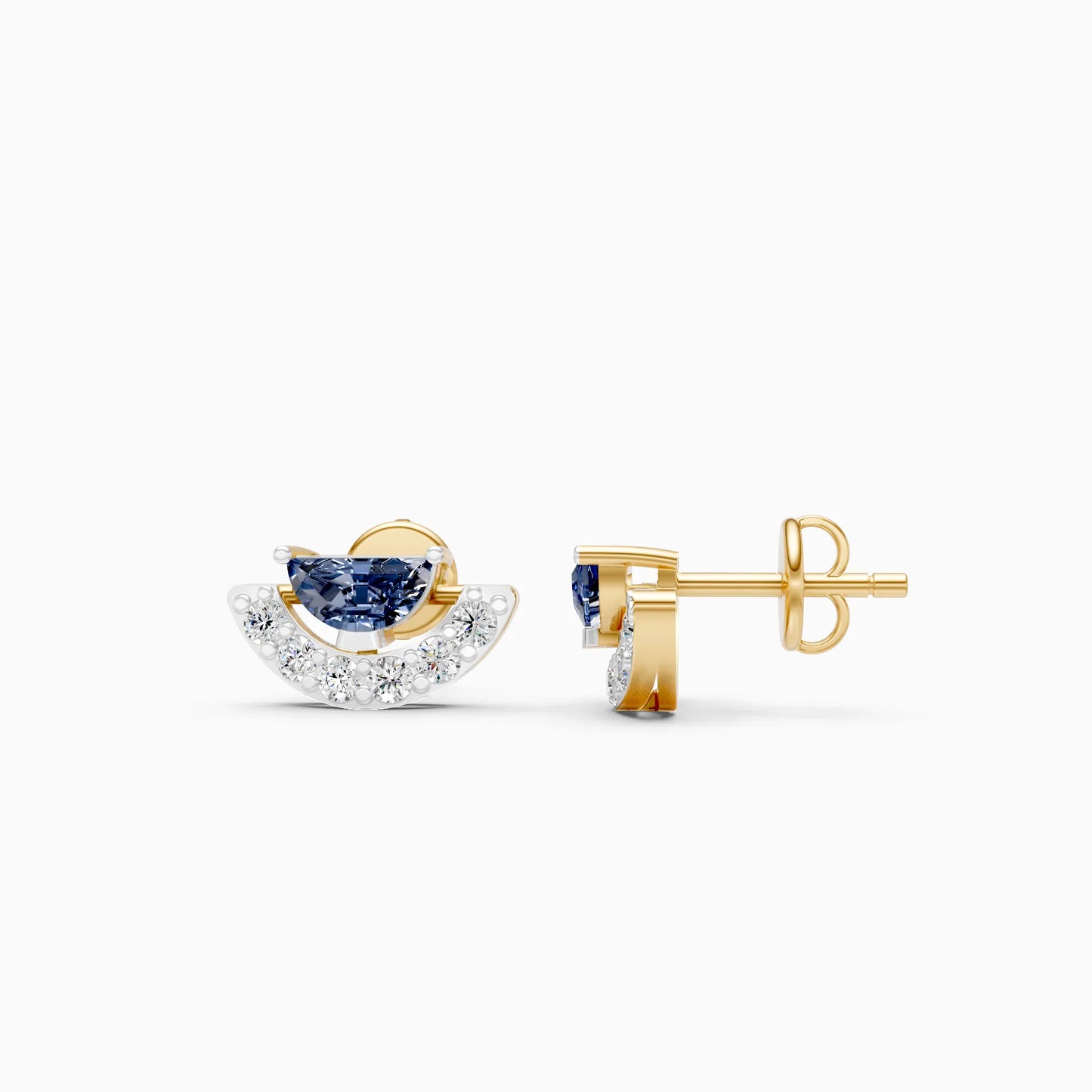 Half-Moon Blue Stone and Diamond Pavé Fan Stud Earrings