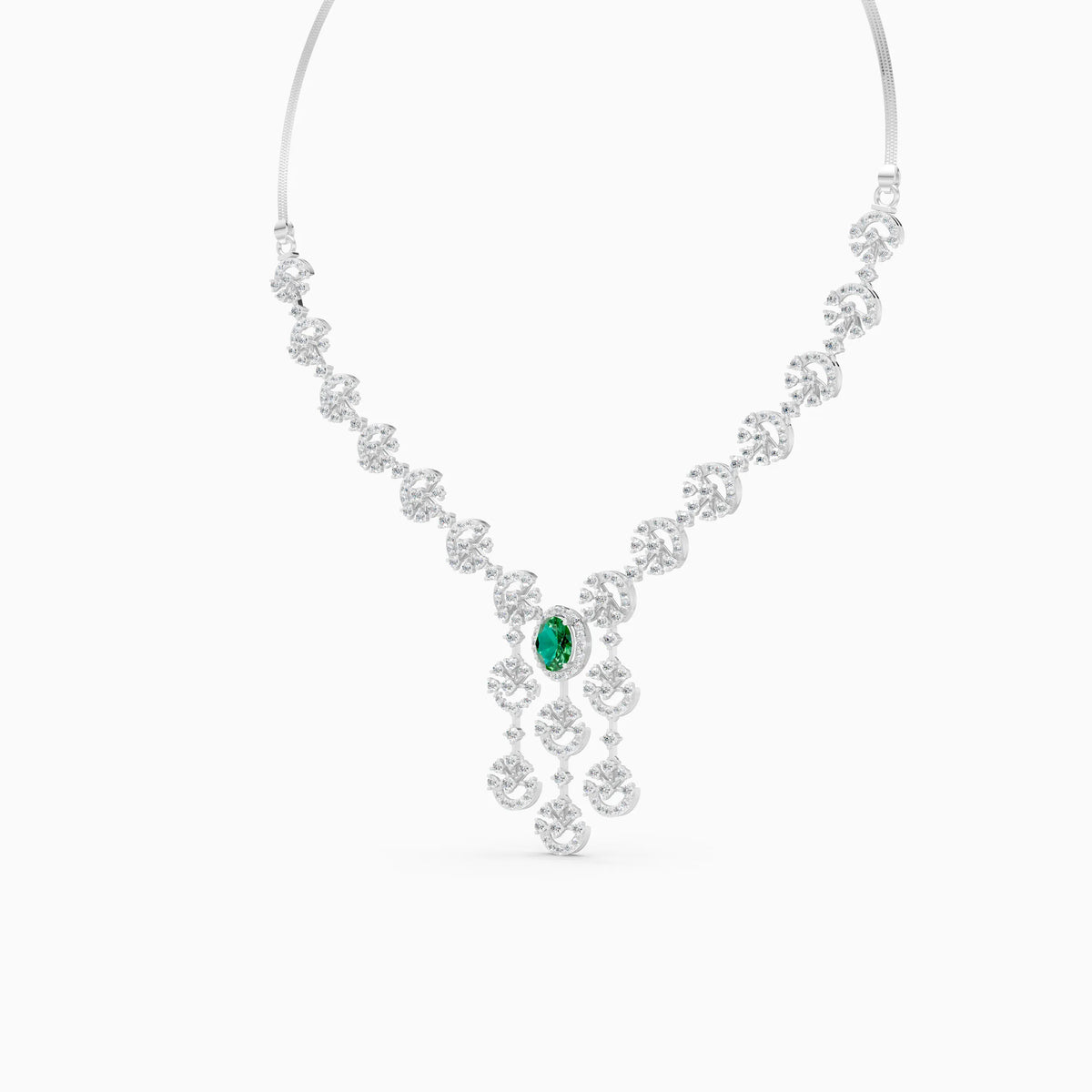 Crescent Burst Diamond Necklace with Oval Green Centre Stone