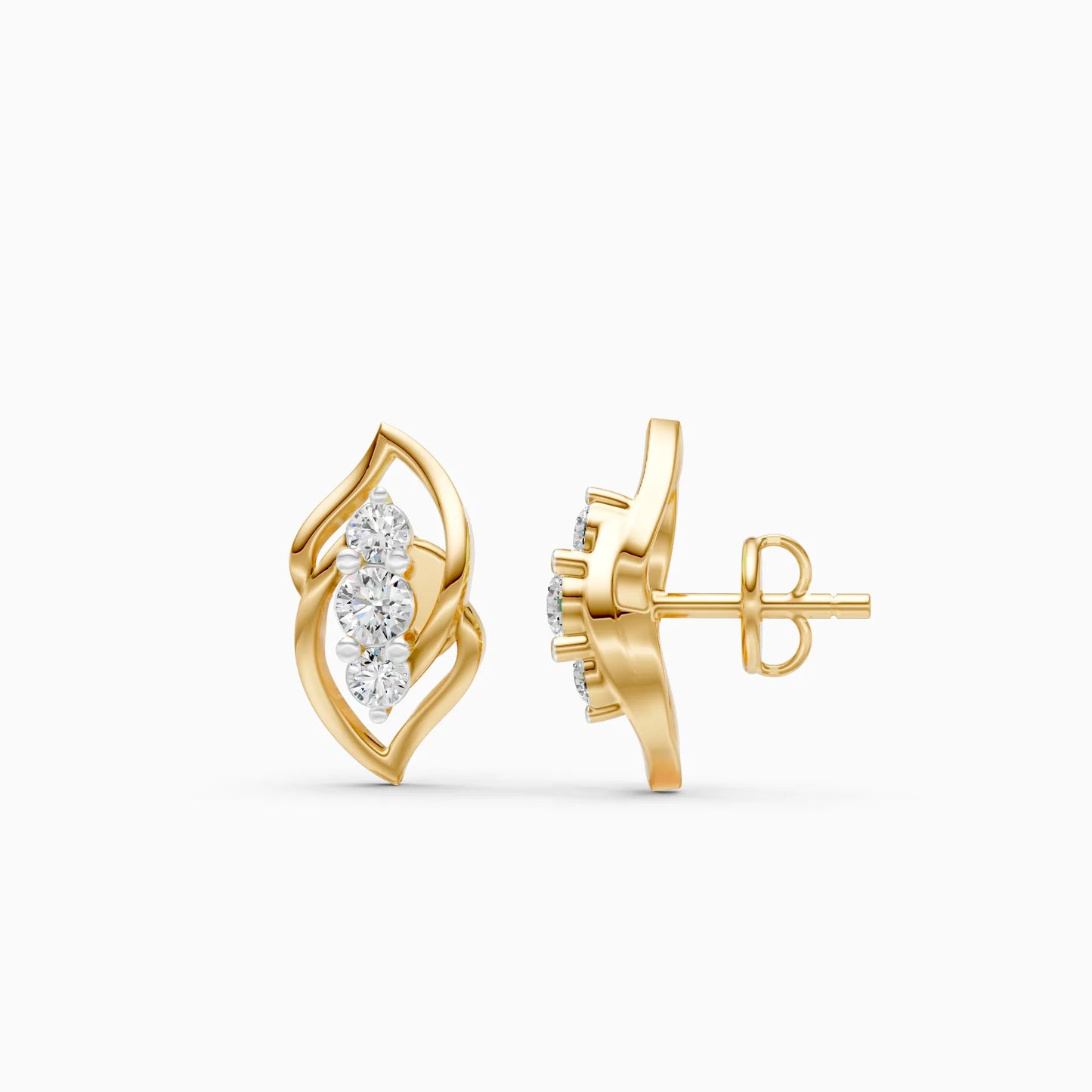 Twisted Leaf Three-Stone Diamond Stud Earrings