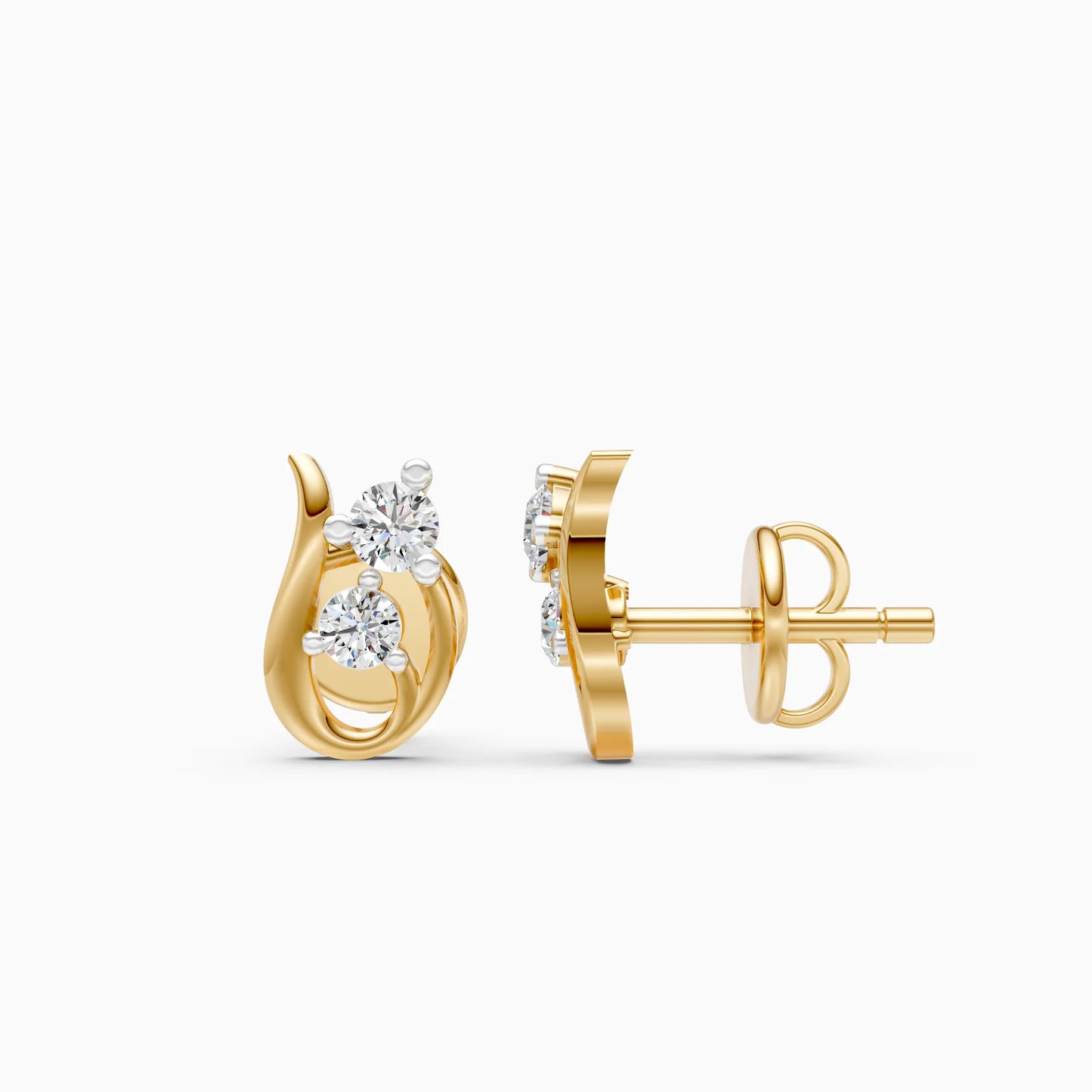 Two Diamond Stud Earrings with Swirl Gold Frame
