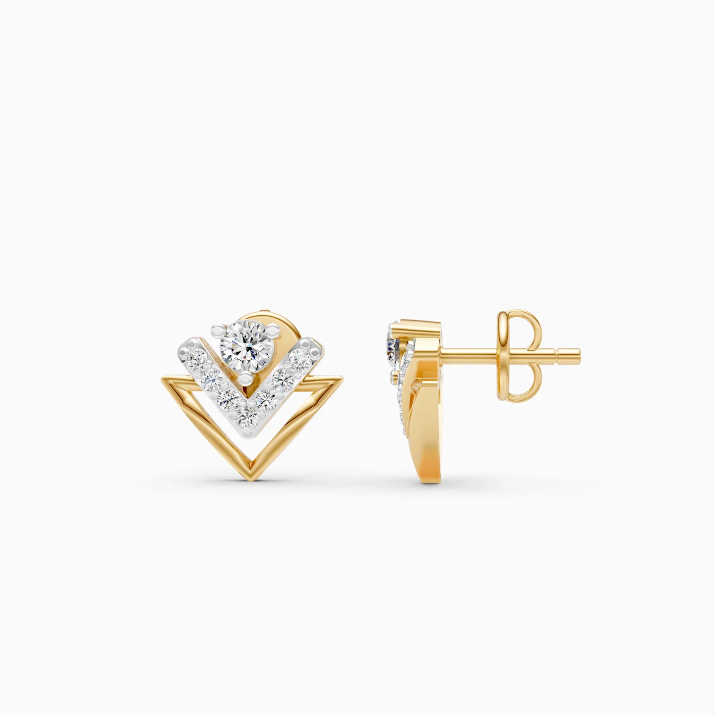 Double Chevron Pavé and Solitaire Diamond Stud Earrings