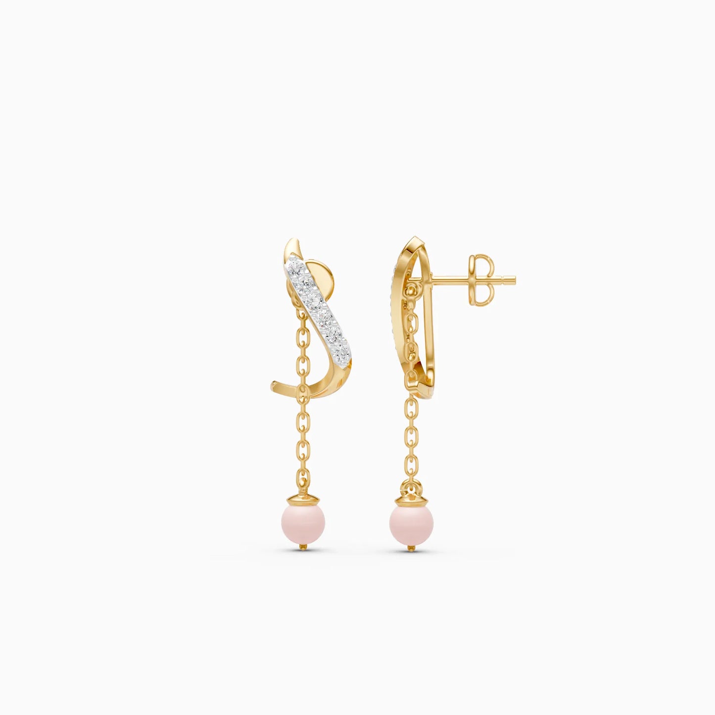 Pave Twist Earrings with Pink Stone Chain Drop