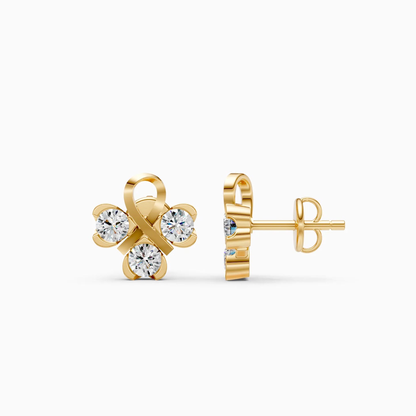 Three Diamond Stud Earrings with Gold Ribbon Knot