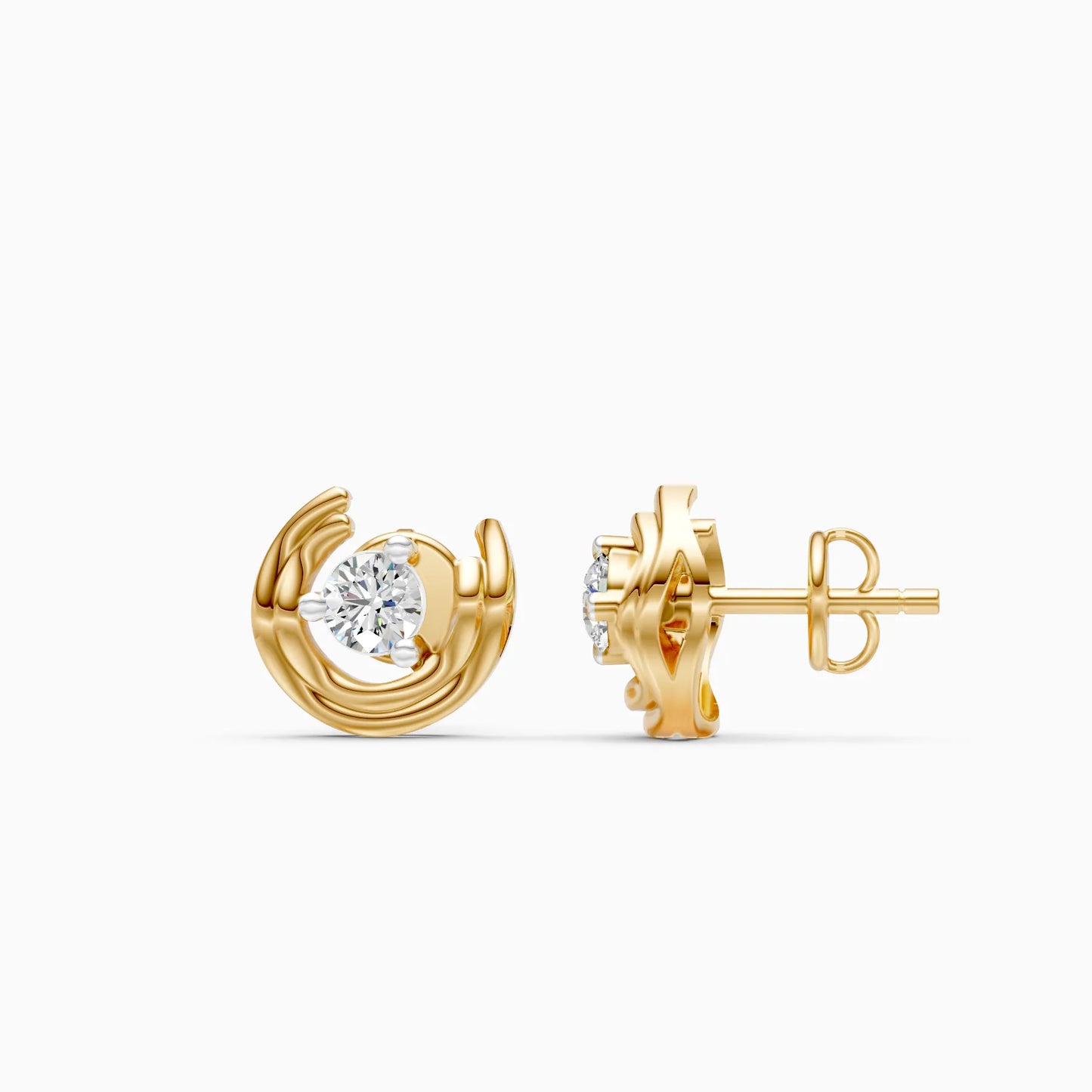 Ribbed Spiral Solitaire Diamond Stud Earrings