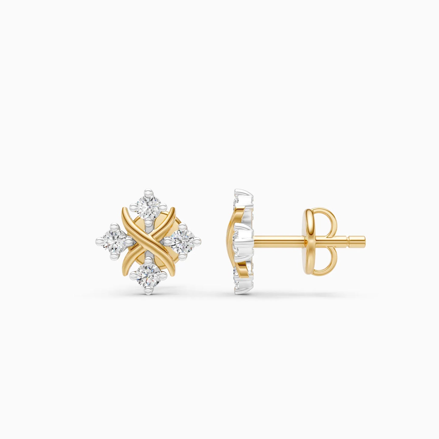 Four Stone Diamond Stud Earrings with Crossover Gold Centre