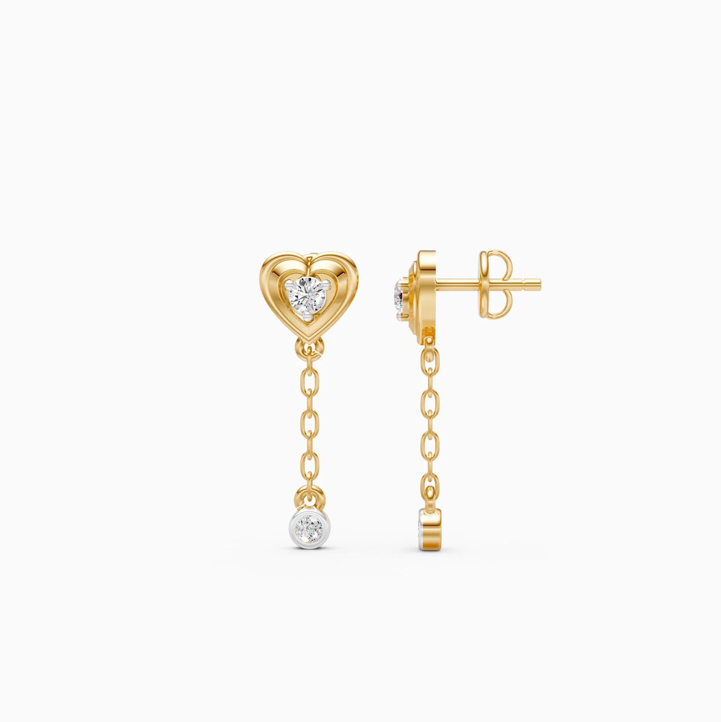 Heart Earrings with Chain and Bezel Drop