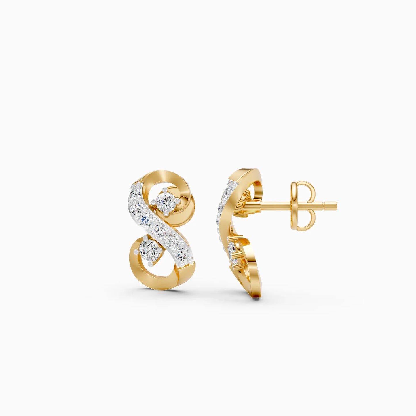 S-Curve Scroll Pavé and Solitaire Diamond Stud Earrings