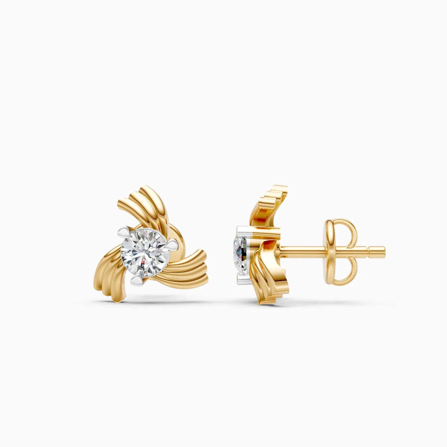 Ribbed Swirl Wing Solitaire Diamond Stud Earrings