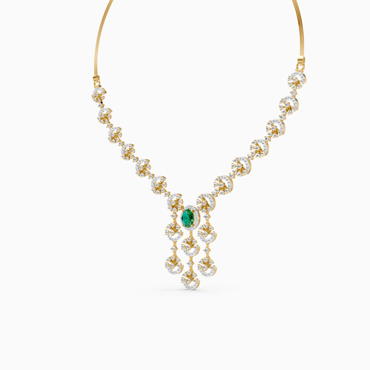 Crescent Burst Diamond Necklace with Oval Green Centre Stone