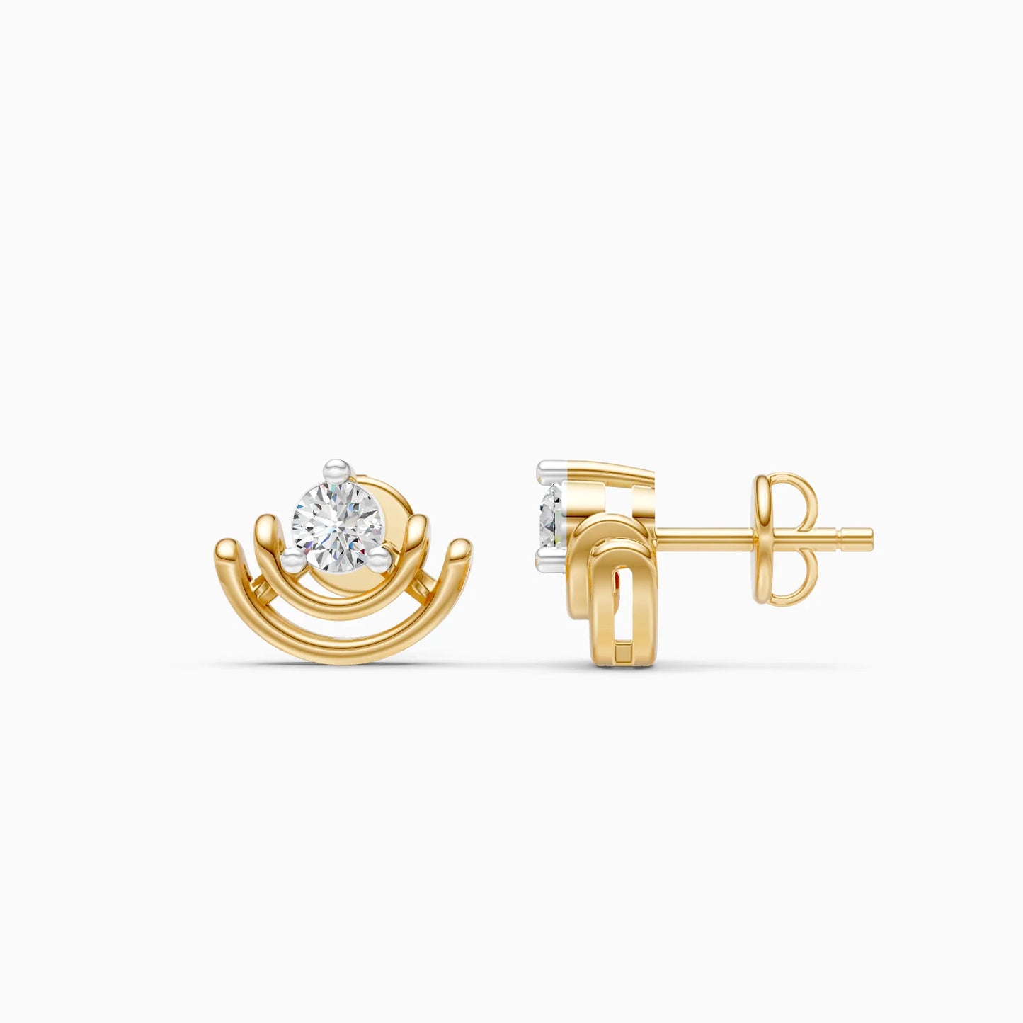 Layered Arc Fan Solitaire Diamond Stud Earrings