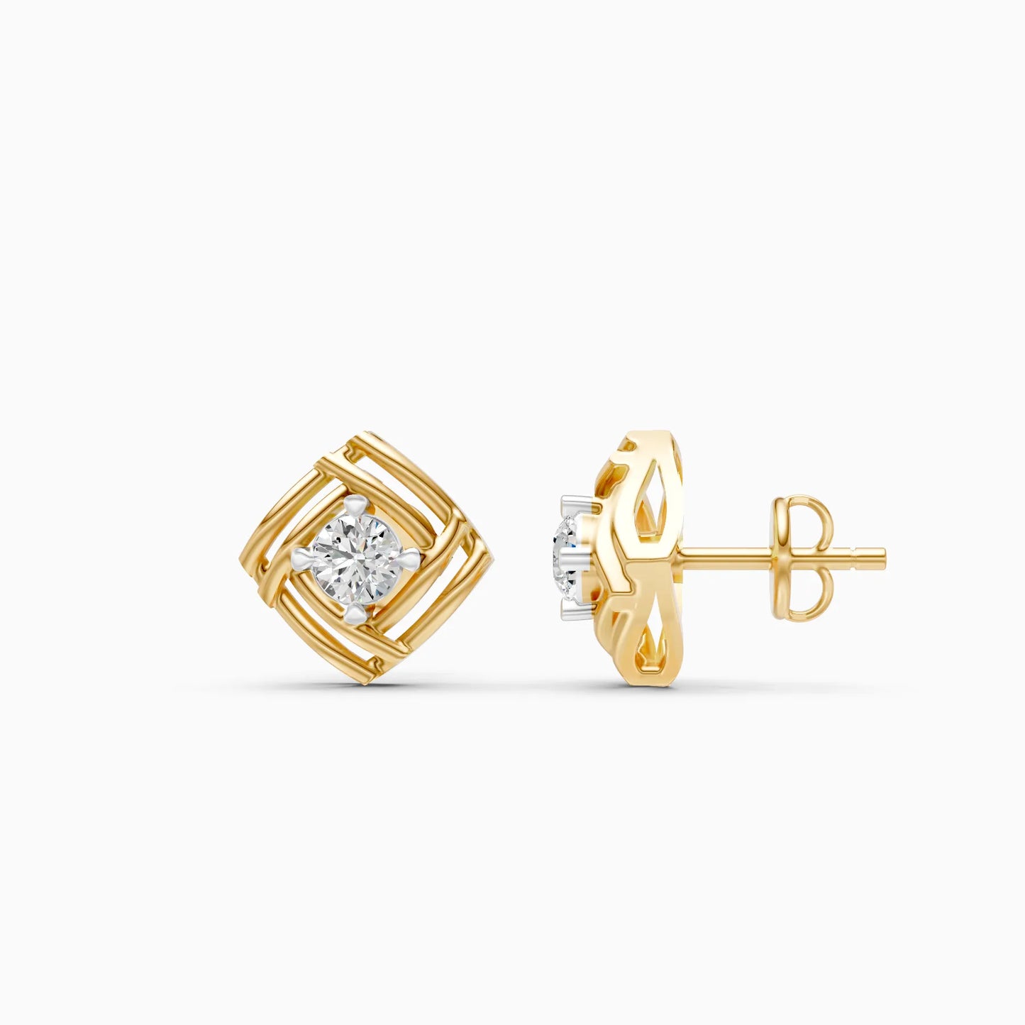 Lattice Square Frame Solitaire Diamond Stud Earrings
